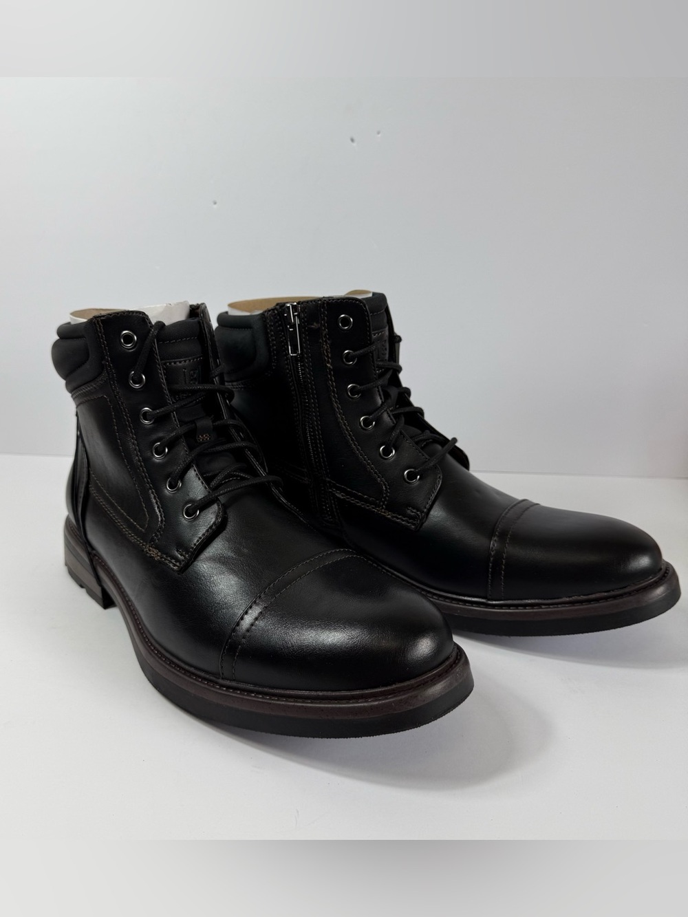 Men's Black Lace Up Moto Combat Boots 10.5 Cap Toe Side Zip Rugged Casual